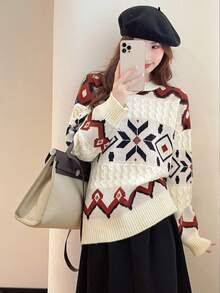 Women's Vintage Style Pattern Loose Crew Neck Pullover Sweater - Beige - View 3