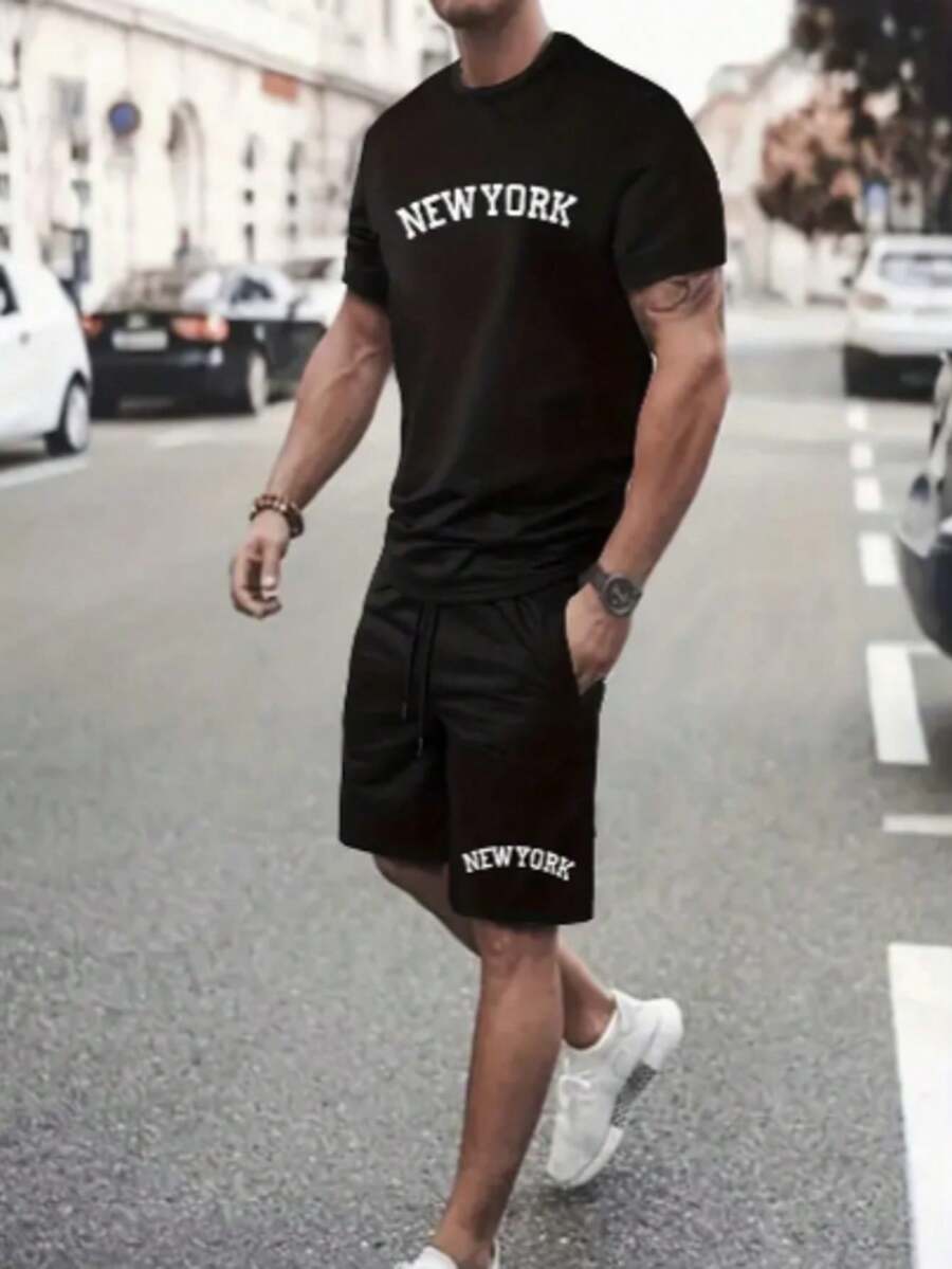 Men's T-Shirt Streetwear New York With Shorts T-Shirt Kit Shorts Shirt Style - màu đen - Xem 1