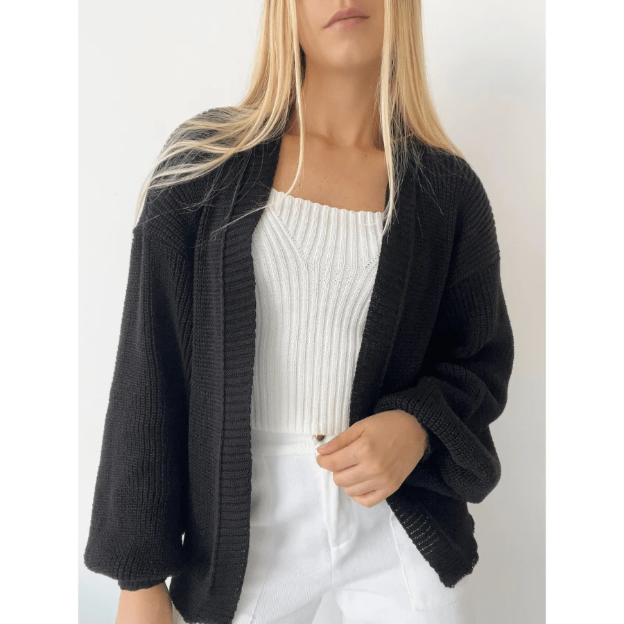 Basic Puff Sleeve Knitting Jacket - Negro - Ver 1