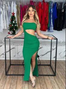 Paiva Fashion Women's Ribbed Long Strapless Dress With Slit Cup On The Side High End Of The Year 2024 - 綠色 - 查看 1