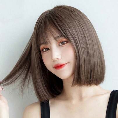 12英寸棕色直发短波波头假发，自然日常佩戴合成耐热假发