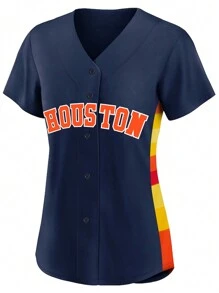 Tên và số tùy chỉnh DIY dành cho nữ Áo bóng chày thêu cổ chữ V màu xanh Houston Áo sơ mi ngắn tay cài khuy cá nhân Trò chơi tiệc tùng Cuộc thi huấn luyện Áo thể thao S-Xxl DIY - Màu xanh lam - Xem 2