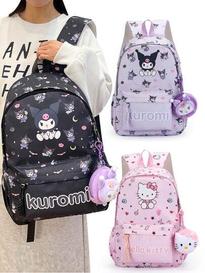 Sanrio 1 pieza Mochila grande con capacidad de carga con figura de dibujo animado, linda para viajar, ir a la escuela o ir y venir del trabajo. (Para diferentes lotes de mercancía, la posición del patrón y el color pueden ser diferentes y algunas partes pueden ser aleatorias)