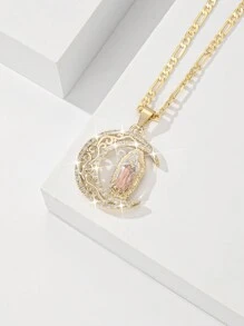1pc Fashionable & Simple Copper Inlaid Cubic Zirconia 3-Tone Hand-Painted Virgin Mary Moon Pendant Necklace, Comes In Gift Box, Suitable For Gifting To Couple, Friends, Bless The Best Wishes, Wear Daily Or Festivals Valentines - Yellow Gold - View 5