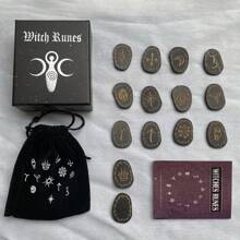 Wood Runes Stone Set Witches Rune Set 14 PCS Engraved Rune Symbol For Divination - Black - View 1