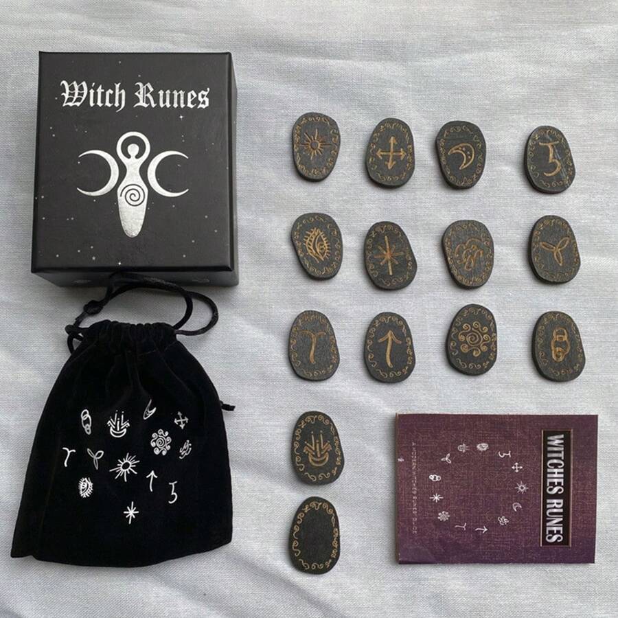 Wood Runes Stone Set Witches Rune Set 14 PCS Engraved Rune Symbol For Divination - Black - View 1