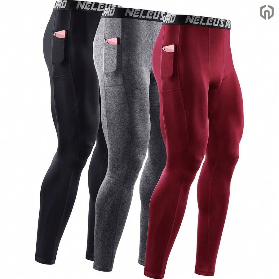NELEUS 男友风男士速干压缩打底裤跑步紧身裤打底裤带手机口袋 3 件套 - 黑/灰/紅 - 查看 1