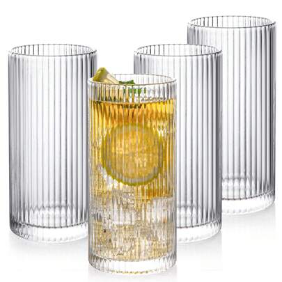 POLIDREAM Drinking Glasses With Origami Style Set Of 4 Glass Cups, 280 - 360ml Ribbed Glassware, Highball Glass Cups, Elegant Art Deco Ripple Vintage