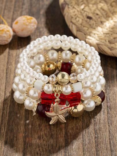Set de 4 piezas de pulsera multicapa con colgante de estrella de mar, perla falsa y cristal, estilo bohemio, para mujeres