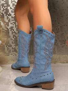 女式踝靴，时尚粗跟，刺绣西部靴，复古厚底时尚靴，尖头铆钉，中筒靴，侧拉链 - 藍色 - 查看 6