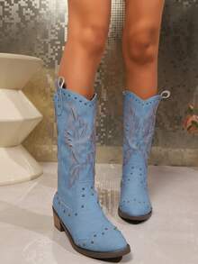 女式踝靴，时尚粗跟，刺绣西部靴，复古厚底时尚靴，尖头铆钉，中筒靴，侧拉链 - 藍色 - 查看 4