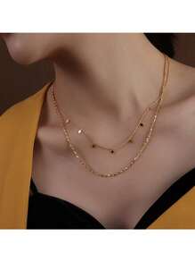 1pc Gold-Color Double Layered Tassel Beaded Stainless Steel Necklace For Men & Women, Simple, Street Style, Casual