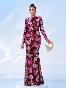 Vestido de cóctel de manga larga con estampado simple para uso diario (estampado no posicionado) para mujer - Burdeos - Ver 7