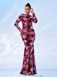 Vestido de cóctel de manga larga con estampado simple para uso diario (estampado no posicionado) para mujer - Burdeos - Ver 4