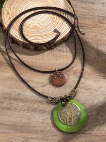 2pcs/set Vintage Round Wooden Pendant Necklace for Women, a Versatile  Long Beaded Necklace with Wax Thread, Ideal for Couples' Accessories