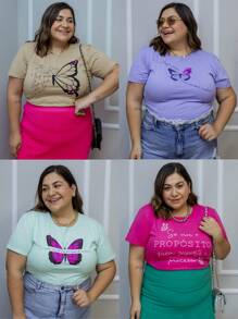 Kit Of 5 Women's Plus Size Blouses, Short Sleeve, Round Neck, Premium Mesh - Nhiều màu - Xem 9
