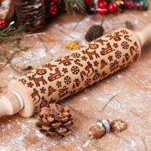 1pc Wooden Christmas Embossed Rolling Pin, Christmas Deer, Snowflakes, Snowman, Xmas Bells, Canes, Ice Boots Pattern Xmas Cookie Mold For Baking Tools Christmas Decorations Christmas Decor Christmas Gifts Christmas Party Supplies