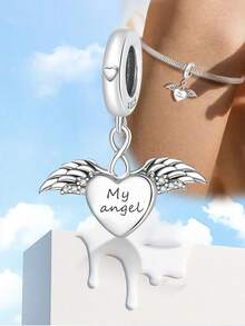 1pc 925 Sterling Silver Shiny Heart Angel Pendant Charm, Suitable For DIY Bracelet, Women Jewelry - Angel Wings - View 3