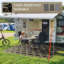 Outdoor Plastic Straw Rug For Patio Waterproof, 8x10 Large Reversible Portable Outside Porch Rugs Carpet For Camping Picnic Mat, RV, Backyard, Balcony, Deck, Black & Beige