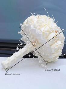 1PC White Wedding Bouquet For Bridal With Rhinestone Brooch Satin Holding Toss Artificial Flowers Bouquet For Bride Bridesmaid Quinceanera Handmade Satin Rose Bridal Bouquet Stunning Wedding Bouquets - 白色 - 查看 3