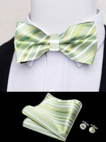 AlanKing 1set Premium Striped Bow Tie, Pocket Square, Cufflinks Suit Accessories Gift Set For Men Men Necktie