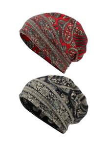 2 piezas Gorros tipo Beanie clásicos con estampado de paisley sueltos sin visera, gorros tipo Beanie elásticos estilo bohemio sin visera, braga de cuello vintage unisex, gorros sin visera suaves, gorros para quimioterapia para hombres y mujeres, posición de impresión aleatoria Gorras de invierno y otoño - A - Ver 15