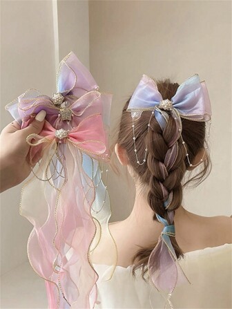 1pc Children's Dopamine Color Hair Clip Braided Ponytail Hair Band Little Girl Pearl Bow Hair Clip Headpiece