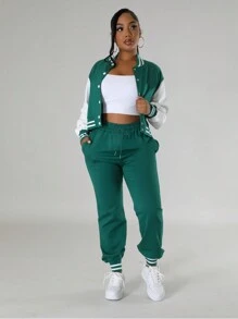 Women's Contrast Color Simple Long Sleeve Top And Pants 2pcs Set