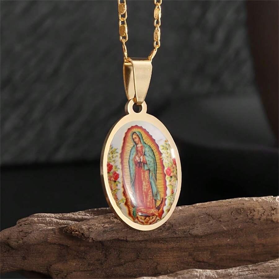 SeuSuk Stainless Steel  Vintage Style Guadeloupe Catholic  Virgin Mary Scapular Pendant Necklace For Men And Women - Yellow Gold - View 1
