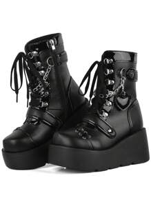 Womens Goth Ankle Boots Platform Chunky High Heel Lace Up Zipper Round Toe Combat Boots - 黑色 - 查看 1