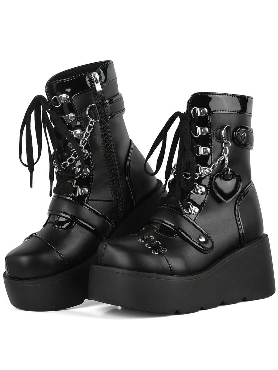Womens Goth Ankle Boots Platform Chunky High Heel Lace Up Zipper Round Toe Combat Boots - 黑色 - 查看 1
