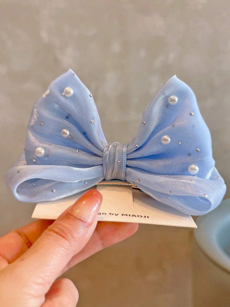 1pc Cute & Sweet Rhinestone Bow Decor Hair Clip For Girls (Shipped Without Card) - Blue - View 1