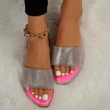 Sparkly Diamond Women's Open-Toe Slippers - Comfortable And Stylish Sandals With Studded Diamante And Summer Flat Design In Soid Colors. - Màu Hồng Tươi - Xem 3