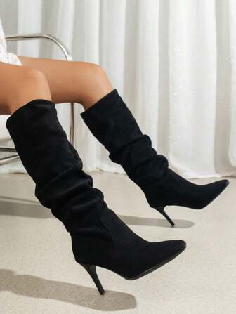 Women's Pleated Pointed Toe High Heel Boots, Elegant Black Faux Suede Casual Winter Boots