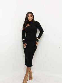 Long Maxi Midi Long Dress Chic Ribbed Asymmetrical Collar Gringa Blogueira Tubinho - 黑色 - 查看 1