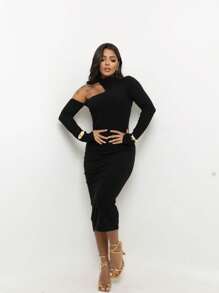 Long Maxi Midi Long Dress Chic Ribbed Asymmetrical Collar Gringa Blogueira Tubinho - 黑色 - 查看 3