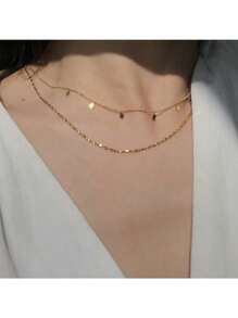 1pc Gold-Color Double Layered Tassel Beaded Stainless Steel Necklace For Men & Women, Simple, Street Style, Casual