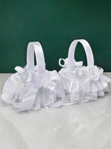 1pc Wedding Flower Girl Basket Mini Lace, Feather, And Flower Basket With Handle For Wedding, White Lace Flower Basket Used As Photography Prop And Wedding Accessories Jewelry Flower Basket - Multicolor - View 9