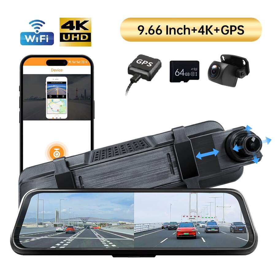 Cinandrow 9.66" 4K Mirror Dash Cam Backup Camera, 2160P Full HD Smart Rearview Mirror For Cars & Trucks, Front And Rear View Dual Cameras, Night Vision, Parking Assistance, Included 64GB Card & GPS - 黑色 - 查看 1