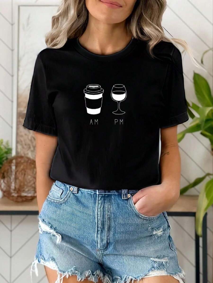 Women's T-Shirt AM PM Coffee And Wine And Sea Cotton Premium Mesh - 黑色 - 查看 1