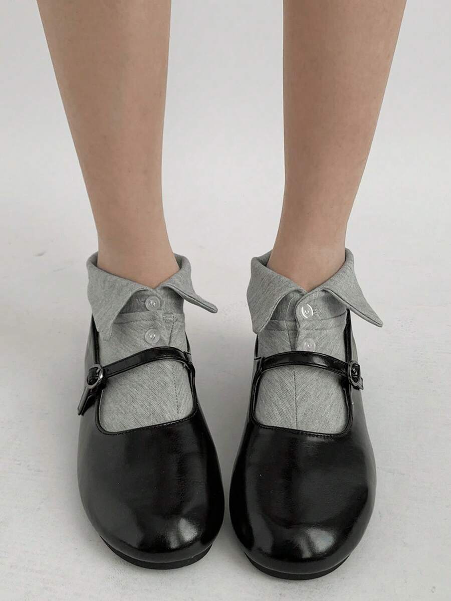 2pcs Personalised Design Grey Socks Turn-Up Buttons Short Socks Girl's Versatile Mary Jane Short Socks Student Socks - Grey - View 1