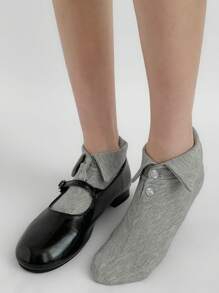 2pcs Personalised Design Grey Socks Turn-Up Buttons Short Socks Girl's Versatile Mary Jane Short Socks Student Socks - Grey - View 2