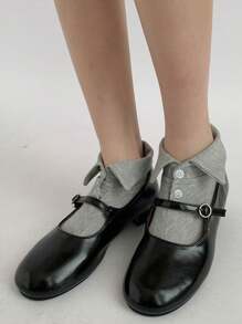 2pcs Personalised Design Grey Socks Turn-Up Buttons Short Socks Girl's Versatile Mary Jane Short Socks Student Socks - Grey - View 4