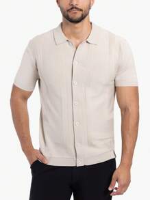 Men's Textured Short Sleeve Polo Sweater - Oatmeal - View 1