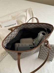 Bolso de tela grande y versátil con estampado, decoración de remaches, estampado floral retro, bolso de hombro de gran capacidad, bolso de mano de moda para uso diario, nuevo bolso de hombro y tote de gran capacidad para otoño/invierno - Caqui - Ver 5