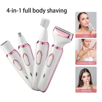 4-In-1 Rechargeable Women's Electric Shaver Set, Suitable For Face, Nose, Legs And Underarms, Wet & Dry Painless Bikini Trimmer, 500mAh Portable Rechargeable Razor