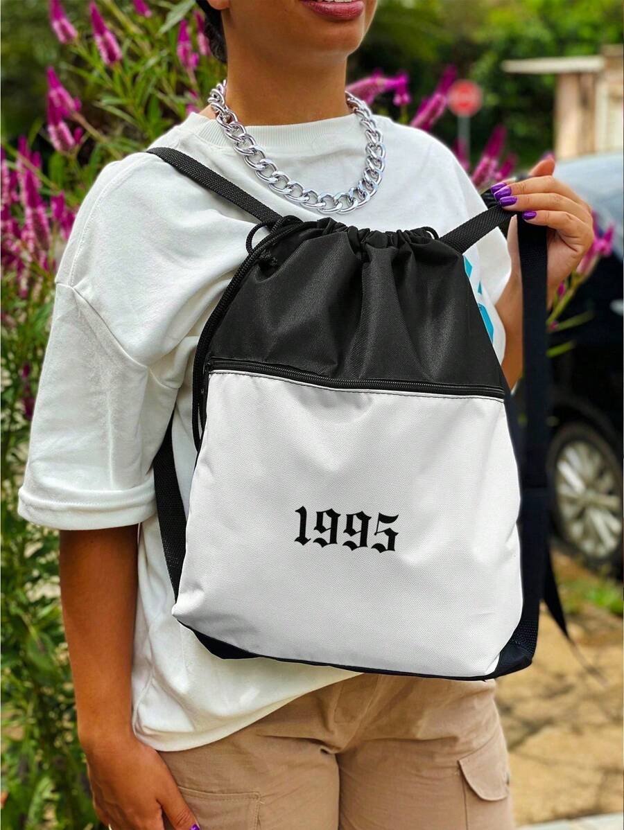 Mochila Saco Nylon 1995 Academia Esportiva Gym Bag Fitness Unisex Black Drawstring Sack Outline Nylon Resistant Sacchila - 黑與白 - 查看 1