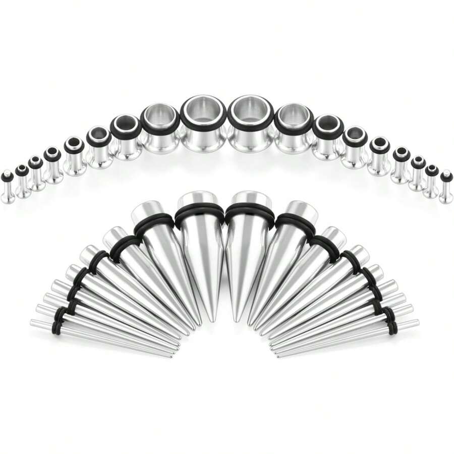 14G-00G 36PCS Ear Gauges Stretching Kit Tapers Plugs Eyelets Implant Grade Steel - Silver-tone - View 1