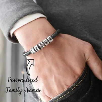 Pulsera negro personalizada para hombre, de 20 cm/22 cm, con cierre magnético de acero inoxidable personalizable con nombre, fecha, letra, texto. Regalo ideal para el Día del Padre/cumpleaños, de estilo elegante, otoño, sencillo, casual, vintage, punk, personalizado y único, para él, novia, mamá, familia, amigos, ella, novio, papá, abuelos, para aniversarios, cumpleaños, uso diario, baile de graduación, Día de la Madre, San Valentín, graduación, bodas, Día del Padre