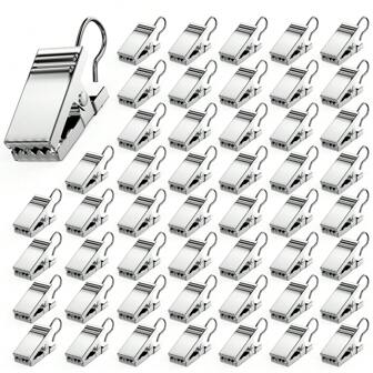 50 PCS Curtain Hooks Heavy Duty Clips With Hooks, Stainless Steel Shower Curtain Clips With Hook For Vendor Display Supplies, Home Decoration, Photos, Art Craft Display (Silver)